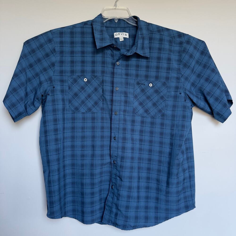 Orvis Tech Shirt Mens XXL Blue Plaid Short Sleeve Hiking Fishing Quick Dry